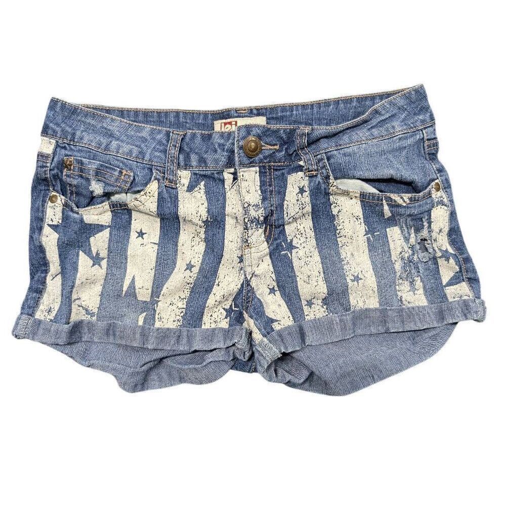 L.E.I. Starred Jean Shorts Ashley Low Rise Patriotic POCKETS Distressed Women's